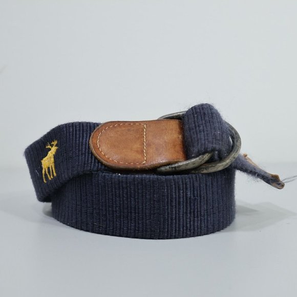 Vintage Embroidered Moose Belt Men's L Double D Ring Blue Gold Brown Leather - Picture 2 of 7